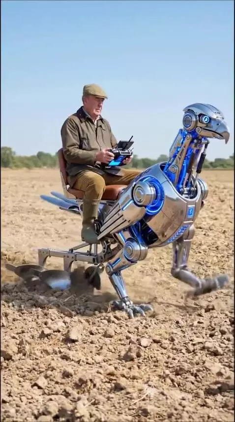 Man in flat cap operating a chrome and blue robotic bird machine with a plow attachment tilling a dry field.
