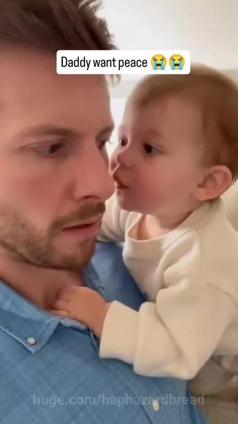 A child whispers advice into a man's ear about how to handle a mad mommy.