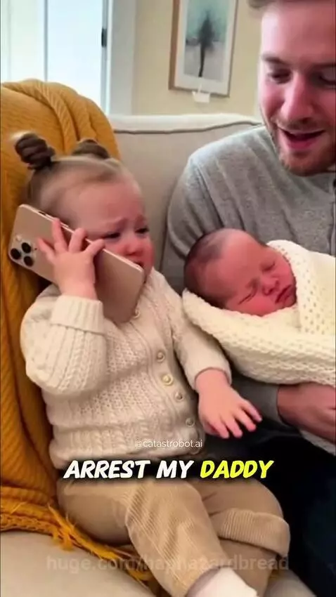 A young girl with buns in her hair cries dramatically while holding a phone, as her dad laughs holding a newborn baby.