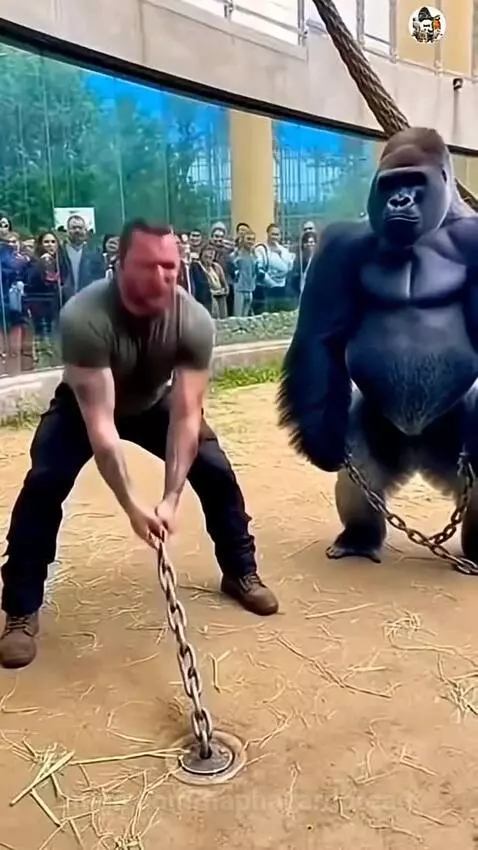 Muscular man fails to pull heavy chain while a gorilla watches, then the gorilla easily pulls it out.
