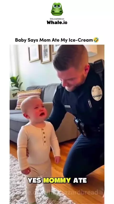 Police officer comforting a crying baby in a living room after the baby reported his mom for eating his ice cream.