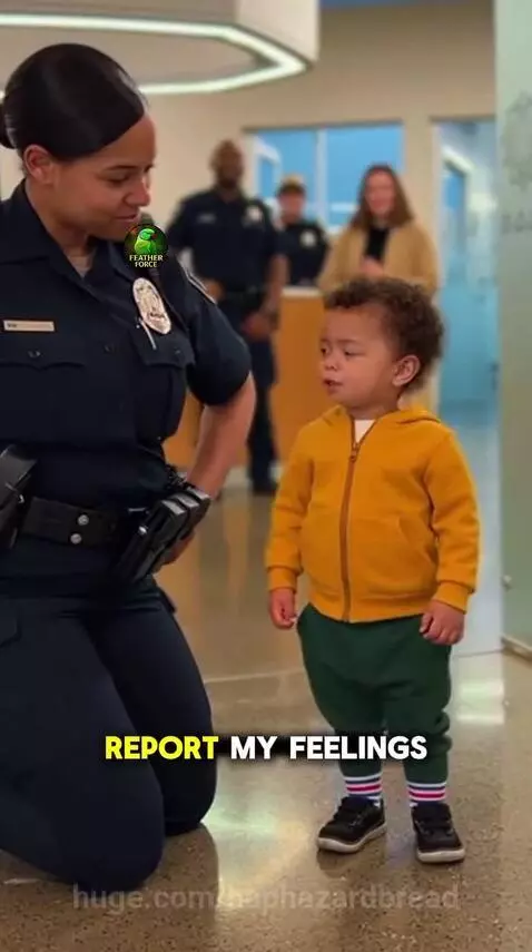 Police officer kneeling to talk to a young child in a yellow hoodie at a police station.