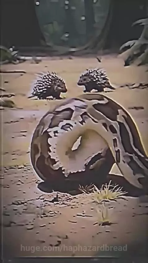 Animated snake bursting open after trying to eat a porcupine, with other porcupines watching.