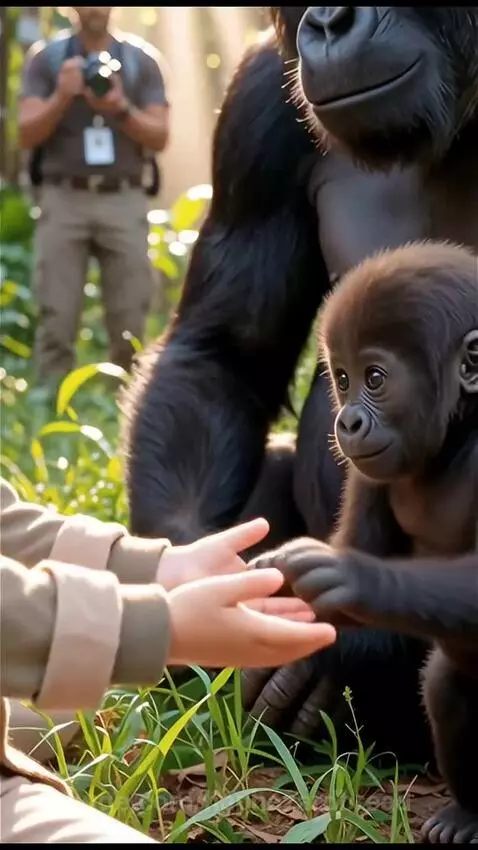 Young girl and baby gorilla sharing a tender hug in a sun-dappled forest.