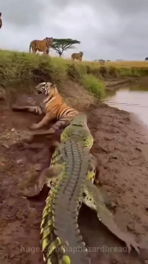 Tiger fighting a crocodile in a river, with other tigers watching from the bank.