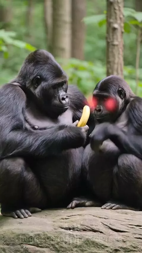 Male gorilla offering a banana to a female gorilla who blushes and embraces him.