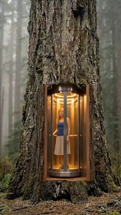 Woman enters hidden elevator in a tree leading to a secret survival bunker and cozy cabin.
