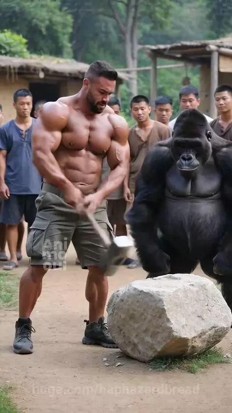 A gorilla powerfully punches a large rock, shattering it into pieces, while surprised onlookers watch.
