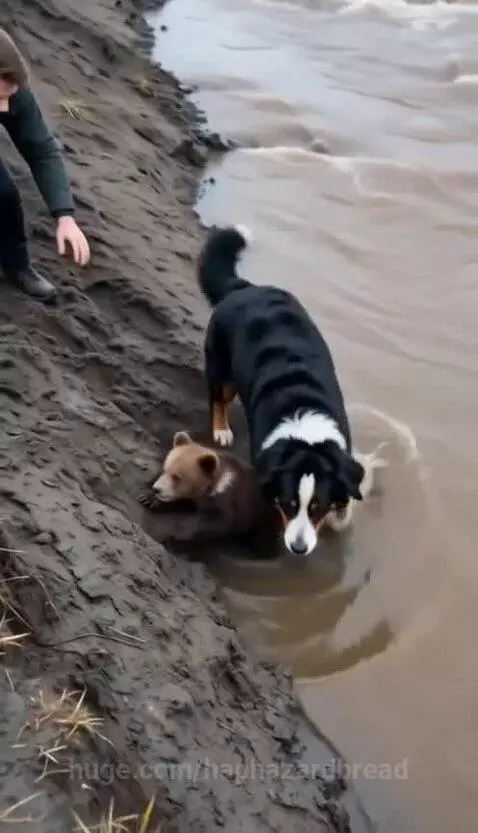 Bernese Mountain Dog gently nudging a bear cub out of muddy water onto a riverbank.