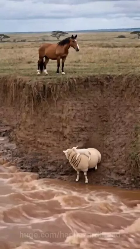 Horse carefully carrying a small lamb up a muddy riverbank to safety.
