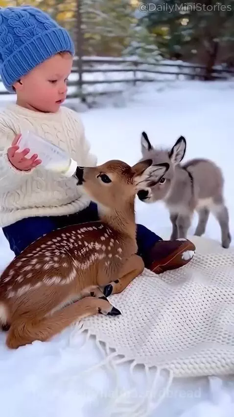 Young child in a blue hat and white sweater bottle-feeding a fawn on a snowy blanket, with a baby donkey nearby.