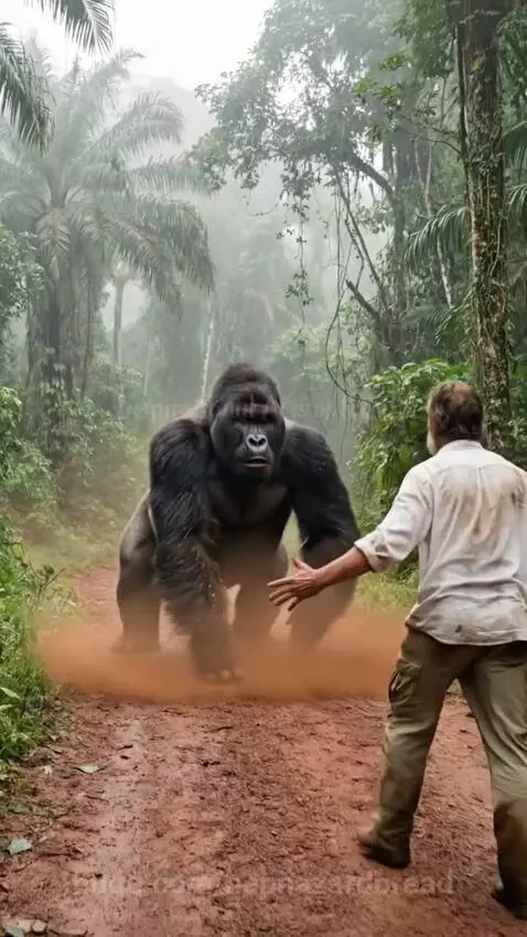 A man gently hugs a large gorilla in a lush, misty jungle setting.