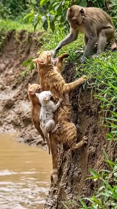 Monkey pulling a wet mother cat and her kittens up a steep, muddy incline from a river.