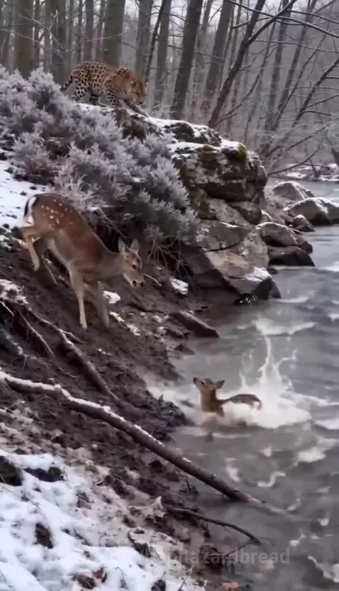 A leopard perched on a snowy rock ledge above a river where a fawn is struggling in the water.