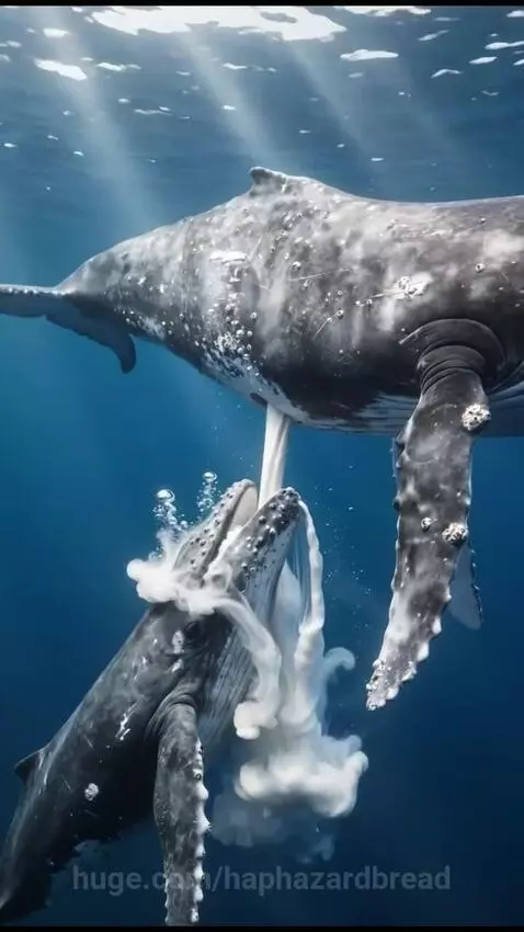 Mother blue whale feeding thick white milk to a baby blue whale underwater.