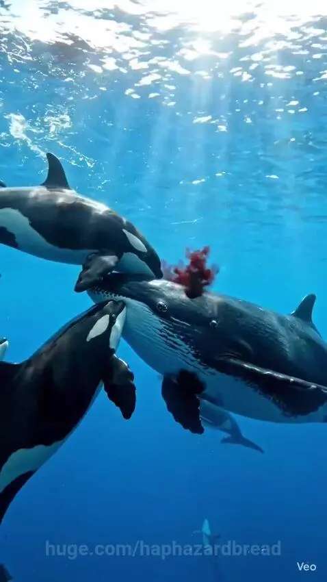Humpback whale breaching from the ocean surrounded by orcas and pilot whales.