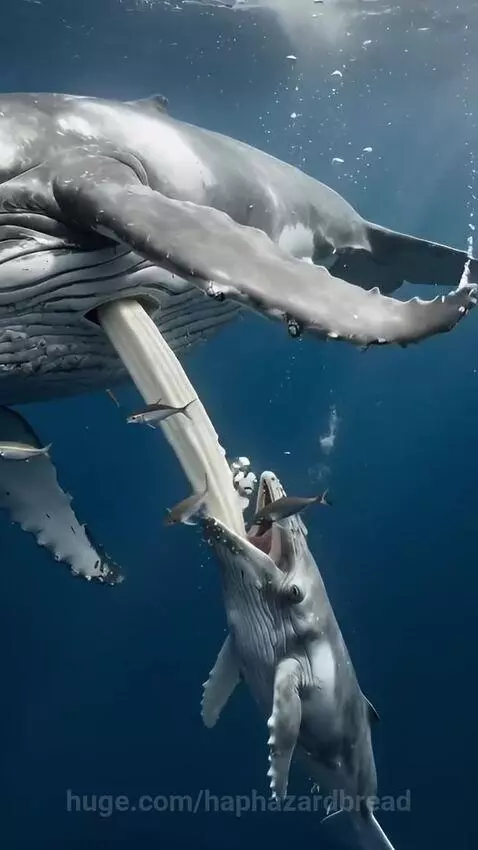 Mother humpback whale nursing her calf with a thick stream of milk underwater.
