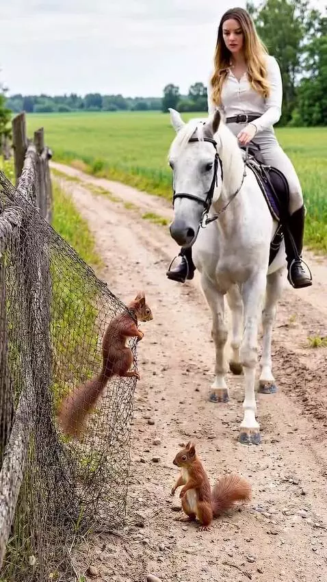 Woman on horseback gently helps a squirrel free from a fence, with another squirrel nearby.