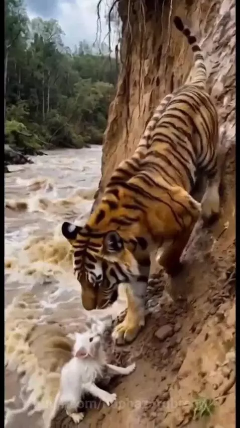 Tiger carefully carrying a small white kitten in its mouth while descending a muddy riverbank.