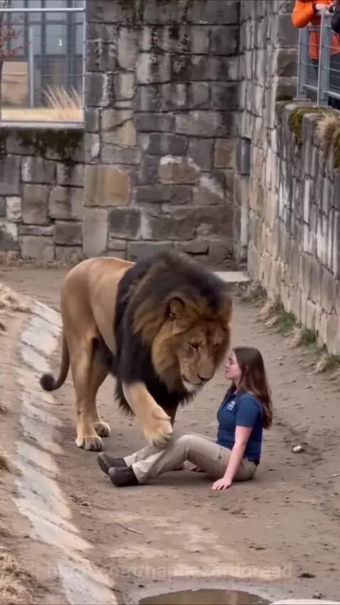 A large male lion with a dark mane nudging and lifting a woman towards a stone wall in a zoo enclosure.