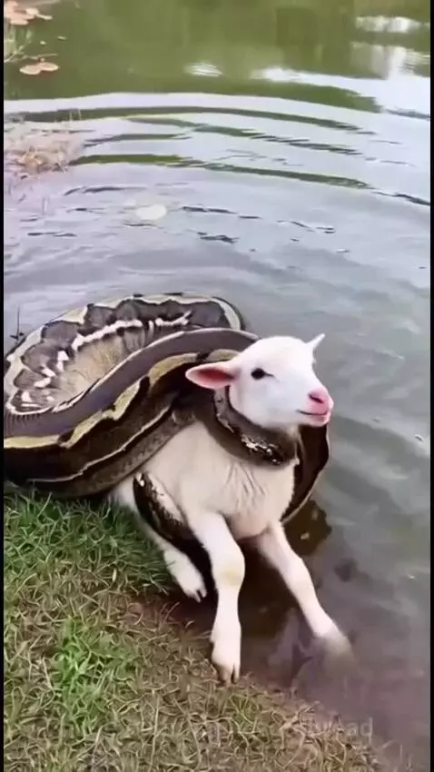 A snake constricting a lamb in water, with a person intervening with a stick.