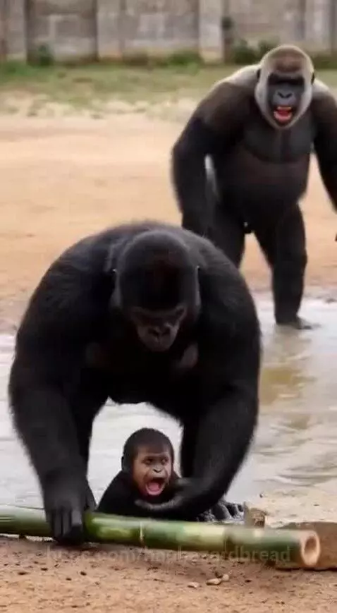 Father gorilla dunking a crying baby gorilla in water, mother gorilla approaching with a stick.