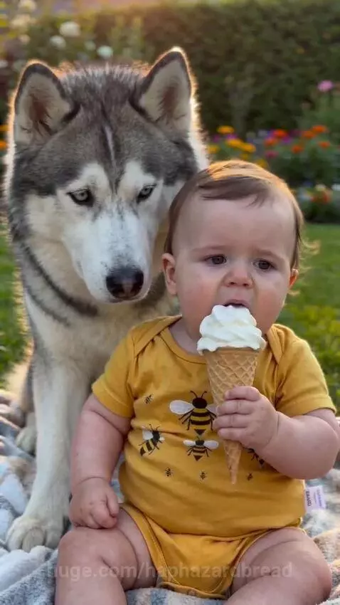 Baby in a yellow onesie crying after a husky dog licks its ice cream cone in a garden.