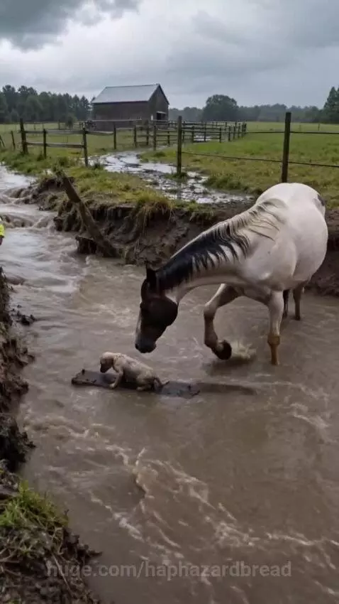 A large horse carrying a small dog on its back out of a muddy stream.