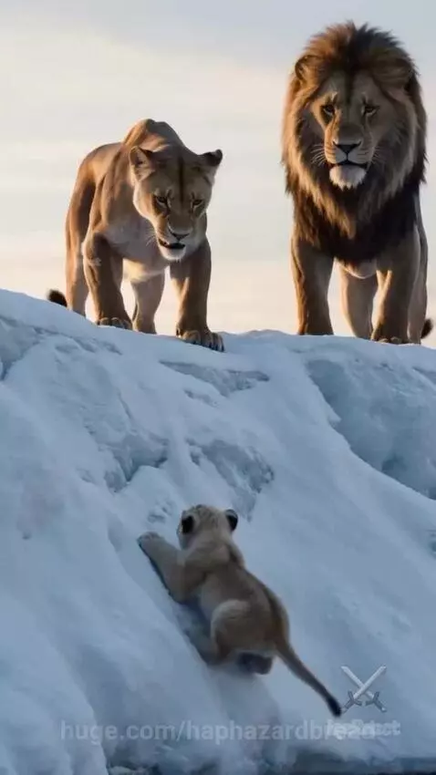 Lioness nudging a wet cub out of icy water onto a snowy bank.