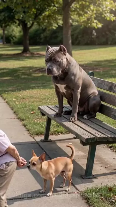 Large pitbull dog laughing exaggeratedly and falling off a park bench after a small dog receives a treat.