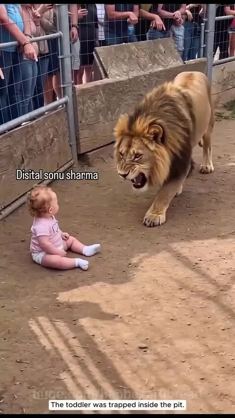 A small orange cat playfully batting at a large lion's face while a toddler sits nearby.