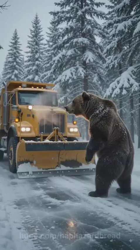 Mother bear on snowy road looking at men near cliff where cubs are trapped.
