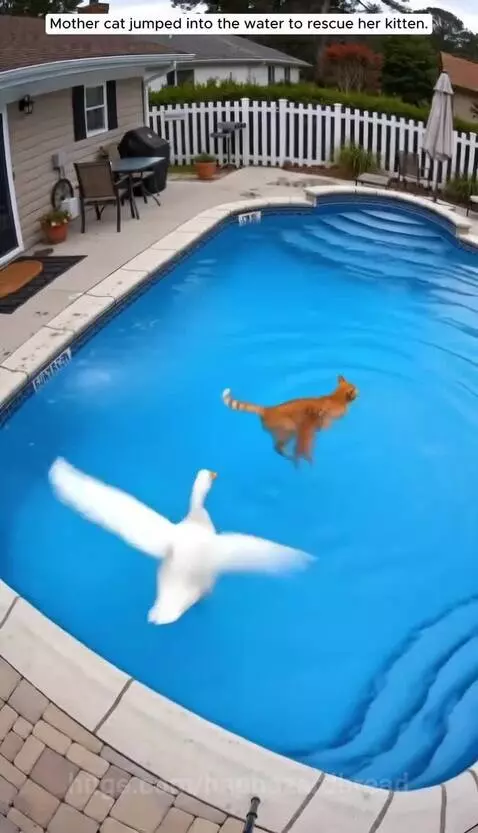 A white duck carries a small orange kitten on its back towards the edge of a blue swimming pool where an adult cat waits.