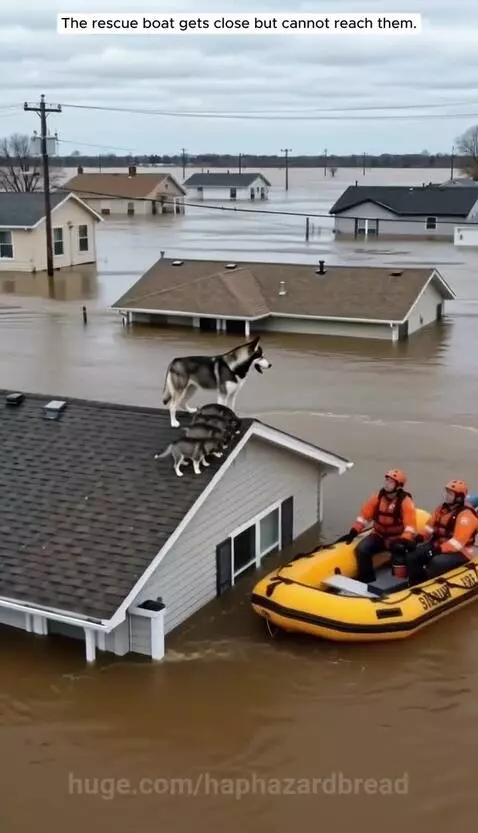 Mother husky on a flooded roof carefully handing her puppies to rescue workers in a boat.