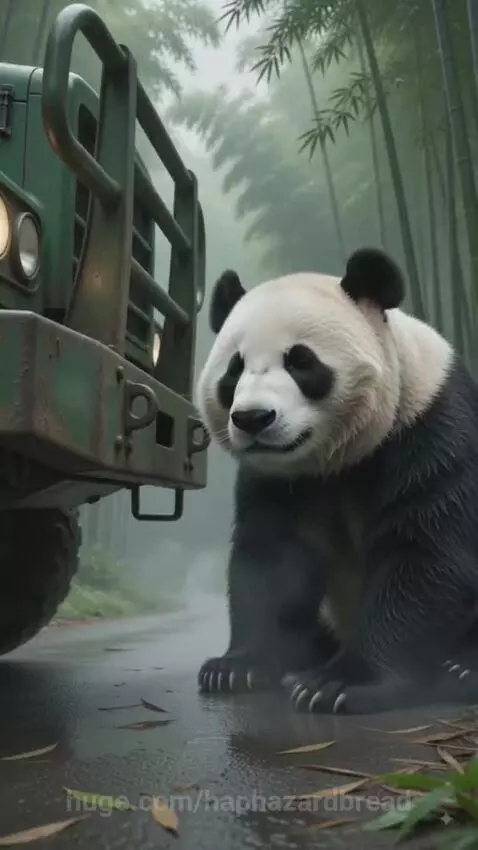 Mother panda blocking a truck on a road, with workers approaching to help a baby panda in a ditch.