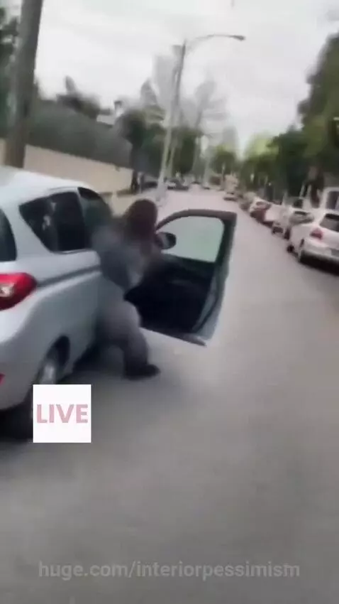 Person in gorilla suit opening car door and getting inside a silver car.
