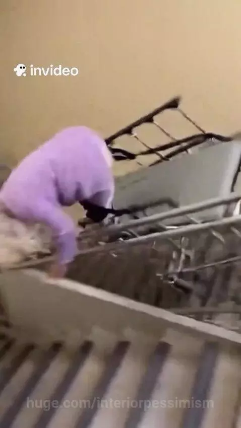 Person in medical scrubs pushing an elderly woman on a stretcher down stairs, resulting in a fall.