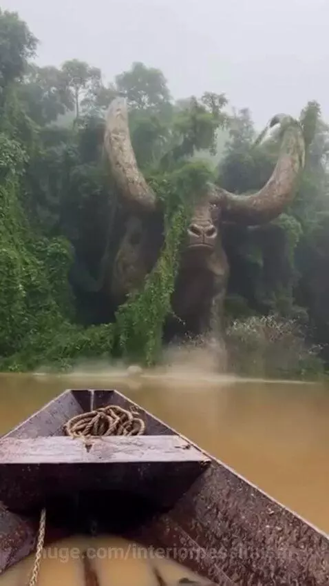 Massive moss-covered statue resembling a bull or buffalo emerges from the Amazon River with a large splash.