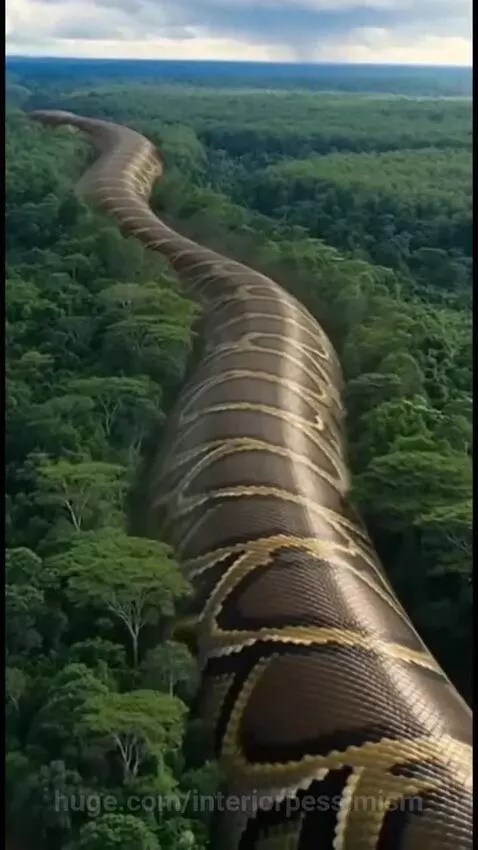 Aerial view of a massive, patterned anaconda-like serpent moving through a dense, green forest.