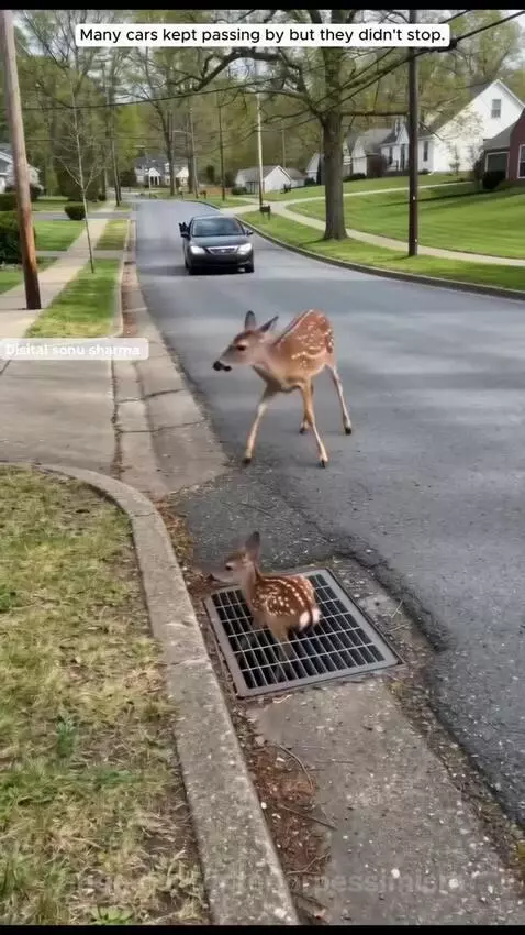 Mother deer anxiously watches as a woman rescues her fawn trapped in a storm drain.