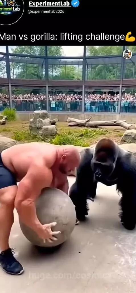 Muscular man struggling to lift a heavy stone, then a gorilla easily lifts the same stone in a zoo.