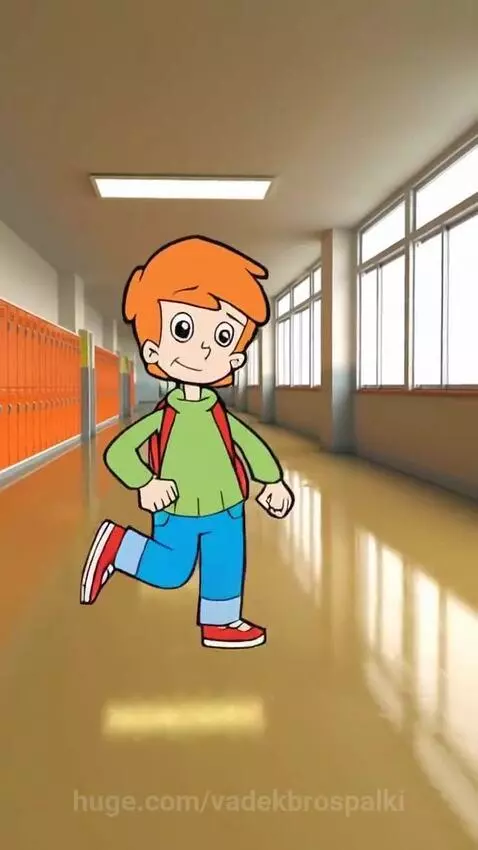 Cartoon boy with orange hair and a red backpack running down a school hallway with lockers and windows.