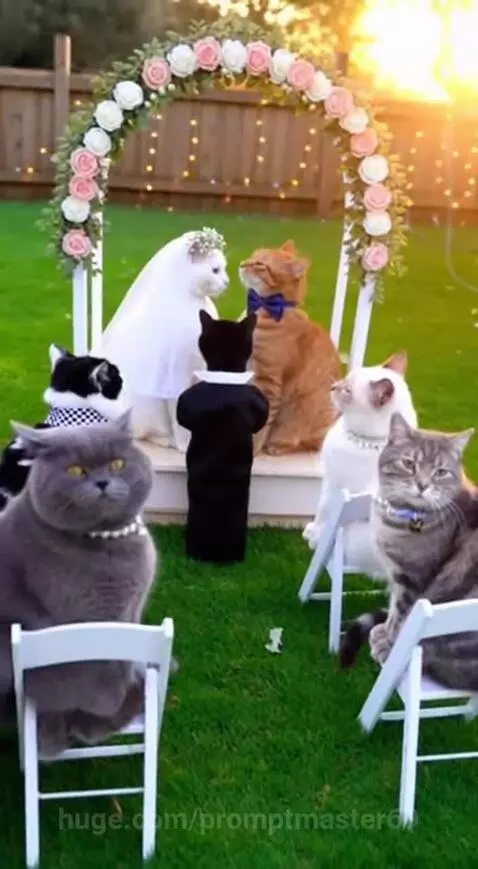 Cats dressed in wedding attire, including a veil and bow tie, sit at an outdoor ceremony under a floral arch.
