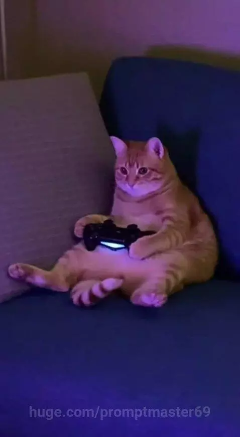 Orange tabby cat holding a glowing blue video game controller on a blue couch in a dimly lit room with purple ambient lighting.