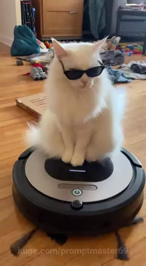 A fluffy white cat wearing black sunglasses sits on a robot vacuum cleaner.