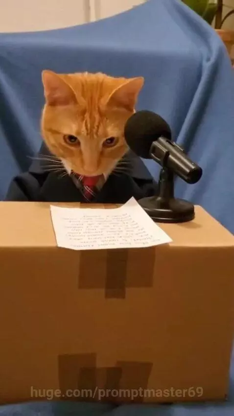 Orange cat wearing a suit and tie sits behind a cardboard box podium, meowing into a microphone.