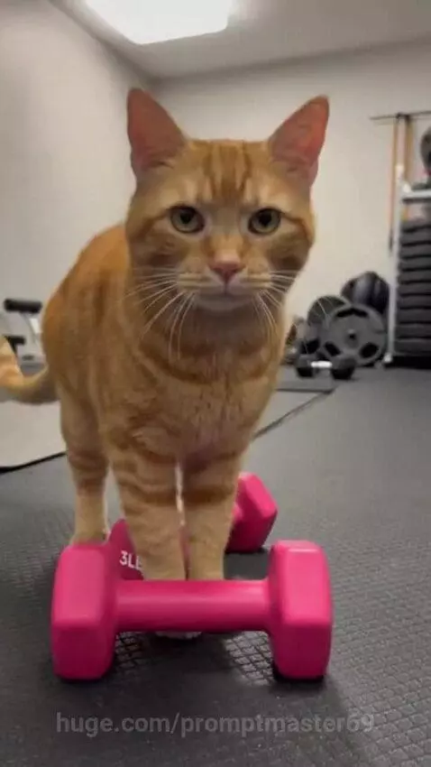 Orange tabby cat standing on pink dumbbells in a gym, then grooming itself on a mat.