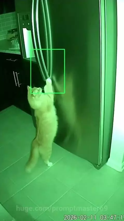 Orange cat standing on hind legs, reaching for the handle of a stainless steel refrigerator door.