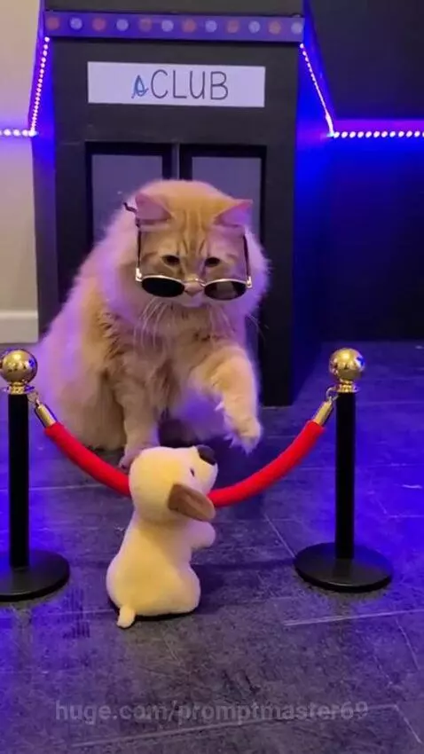Orange cat wearing sunglasses as a club bouncer, blocking a plush dog with its paw.
