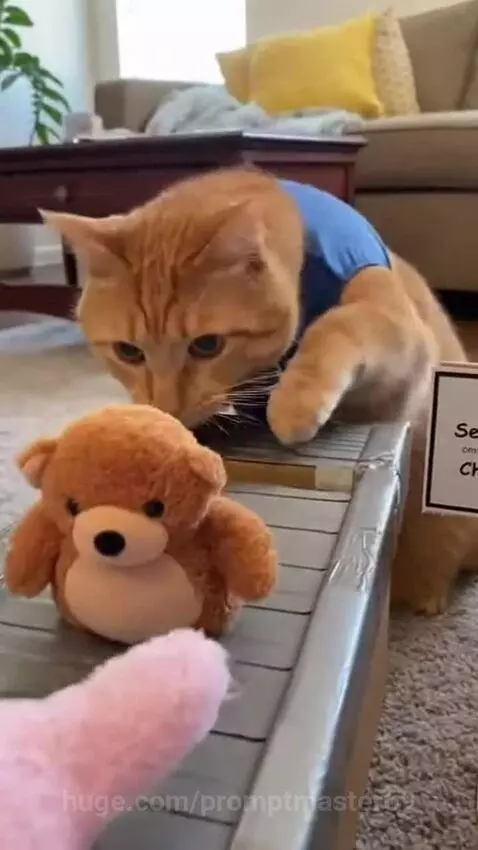 Orange cat wearing a blue shirt inspecting stuffed animals on a conveyor belt.